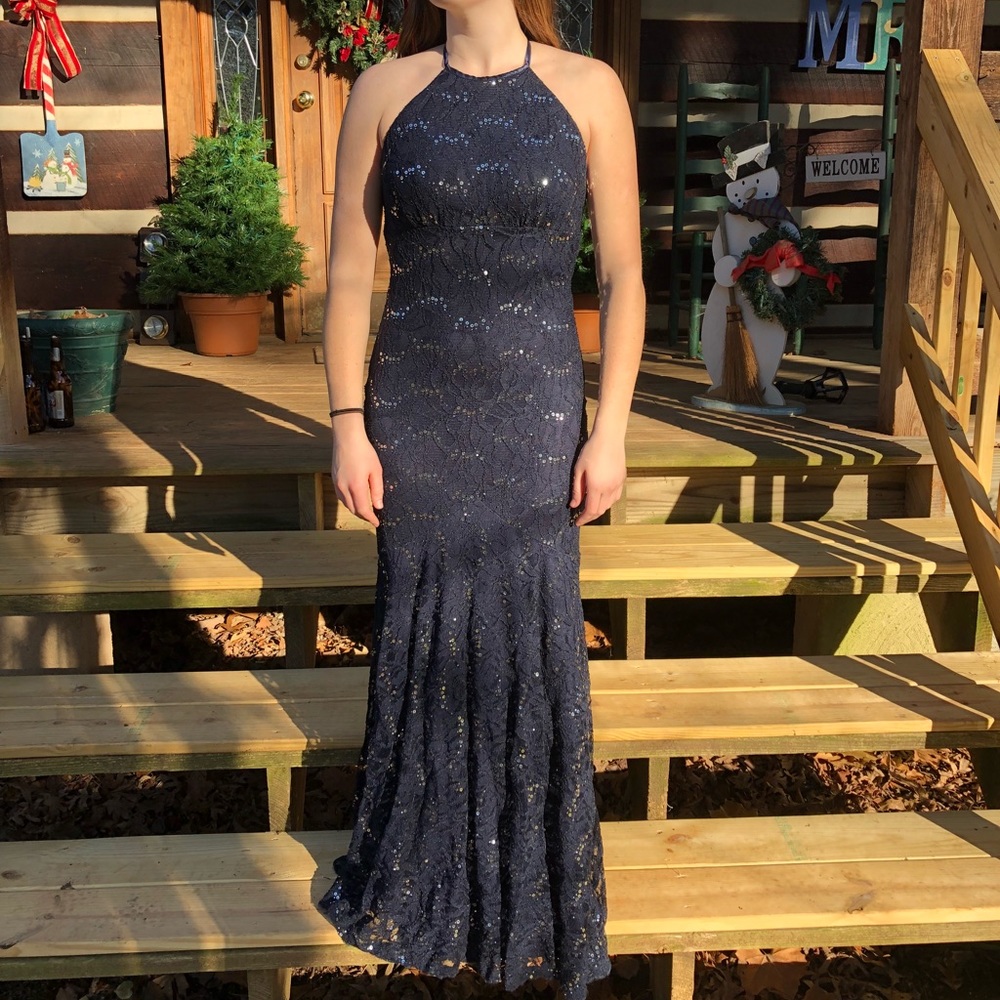 Navy lace prom dress (size 11/12–fits like 8/10)